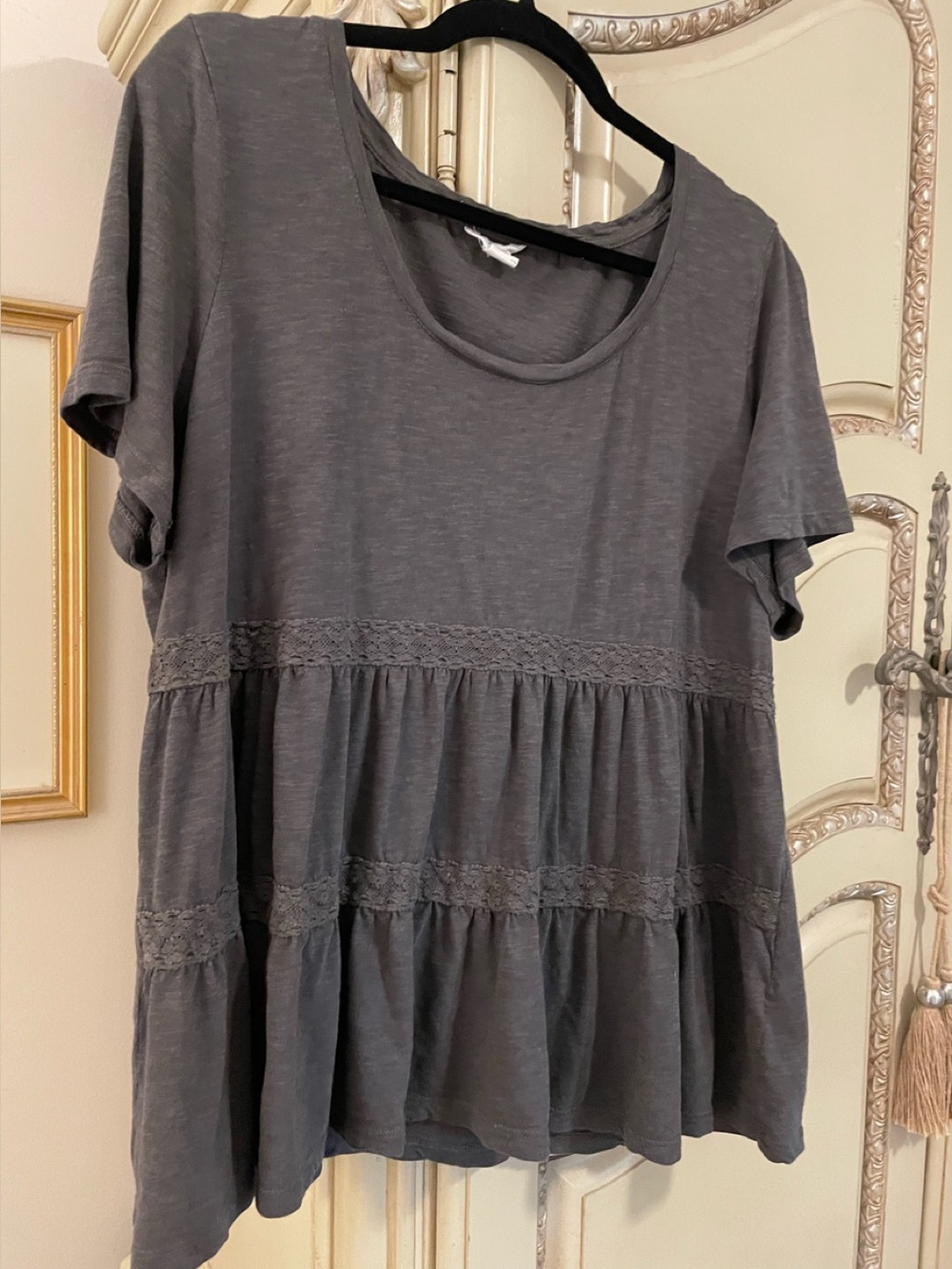Nordstrom’s Caslon Charcoal Tiered Short Sleeve Tee with lace trim, soft cotton